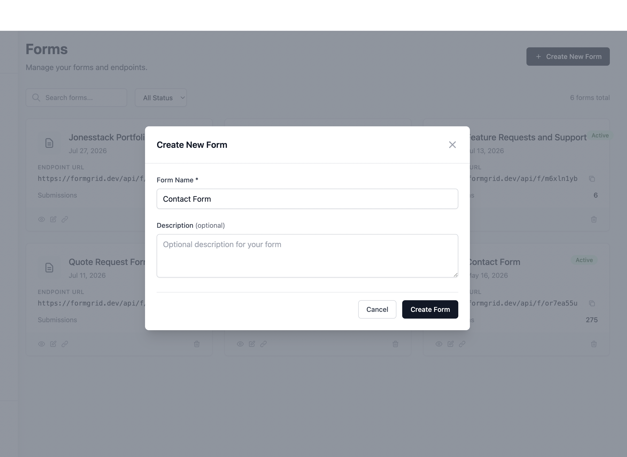 Screenshot: Formgrid dashboard showing the New Form button and a created form