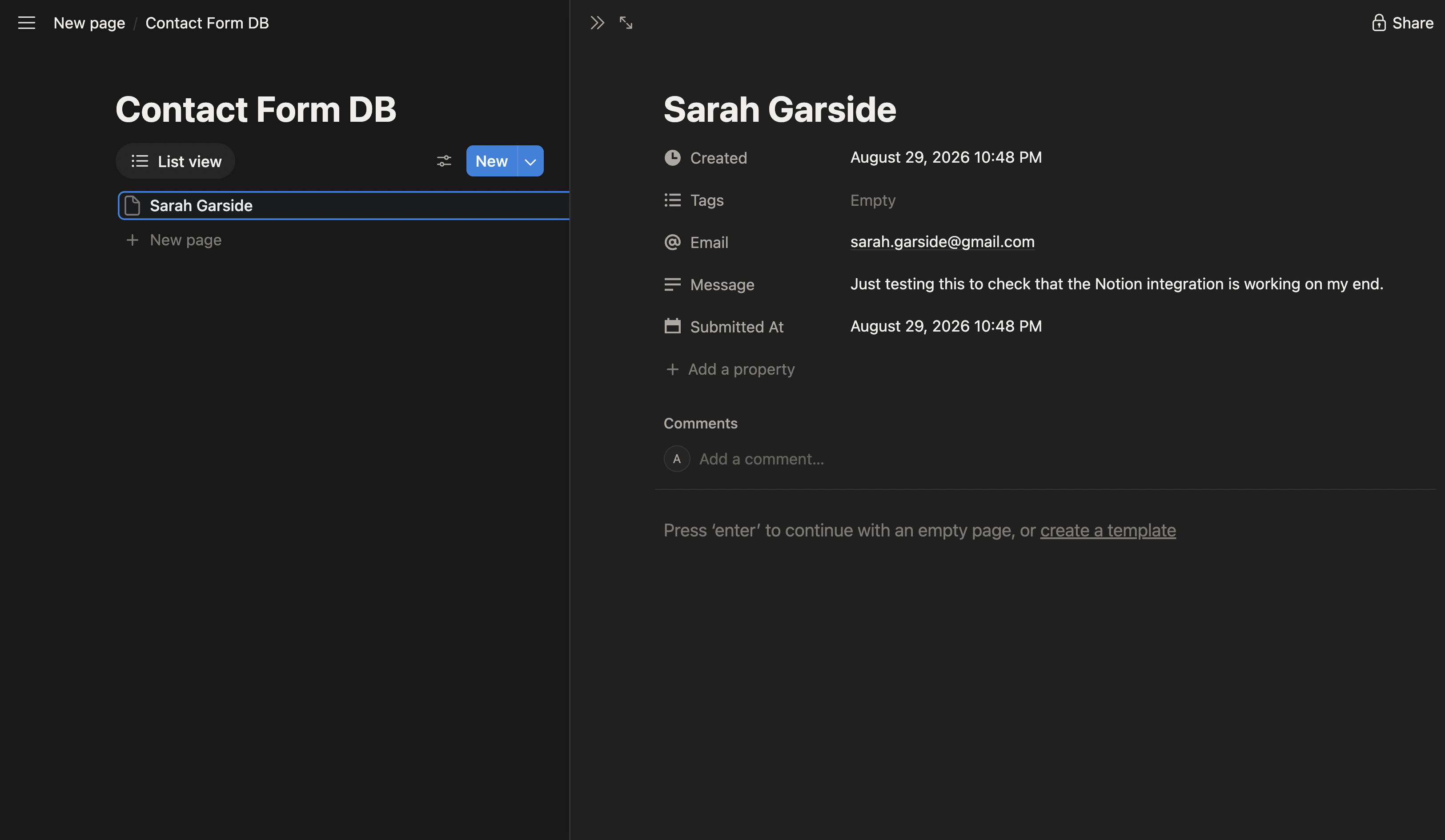 Second Screenshot: a Notion database showing a new page created from a form submission, with Name, Email, Message, and Submitted At properties populated