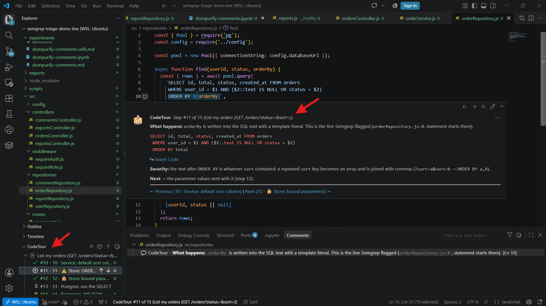 CodeTour in VS Code: step 8 highlights the status allowlist, and sort goes through unchecked.