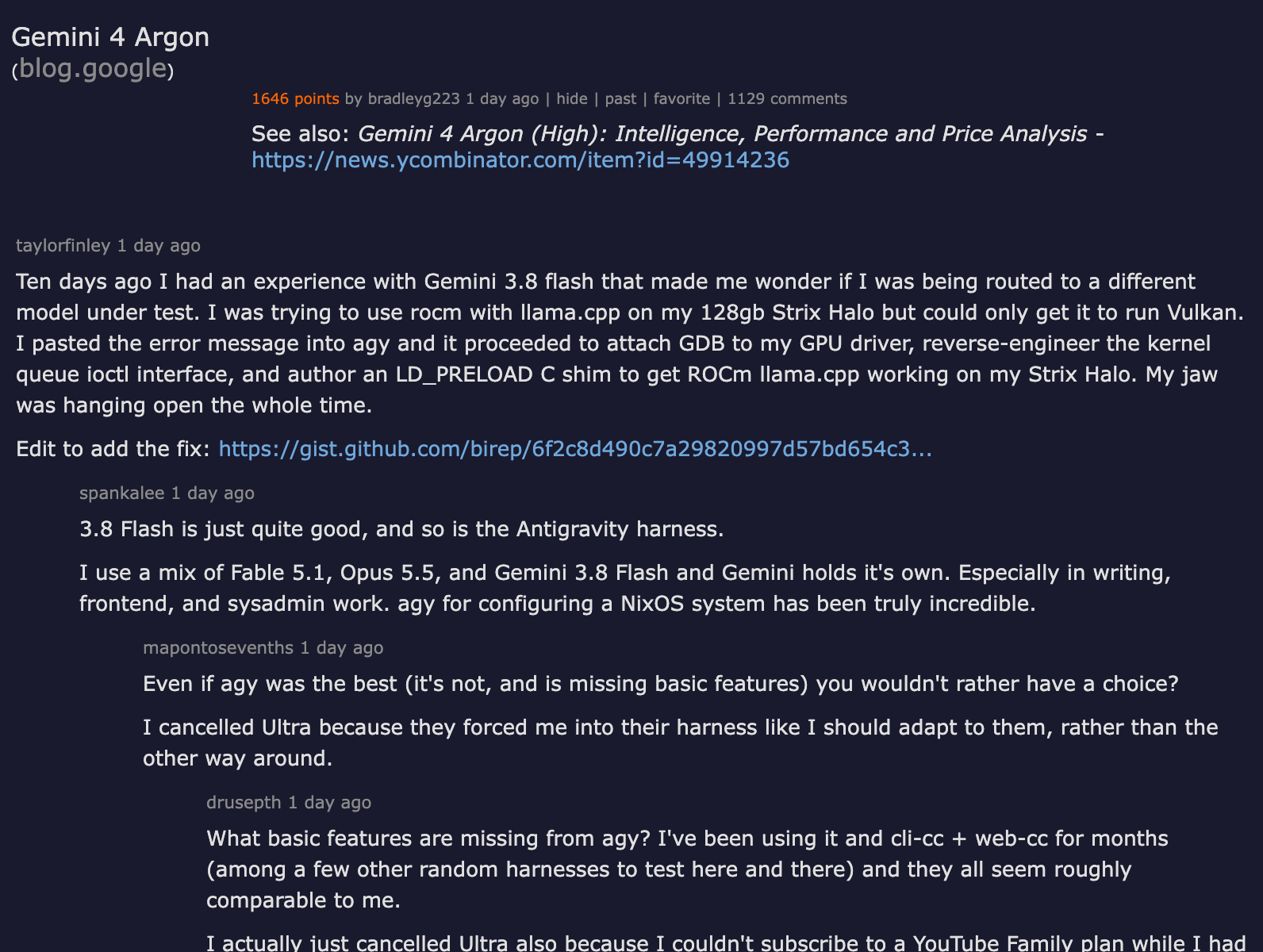 Thread thảo luận Gemini 4 Argon trên Hacker News