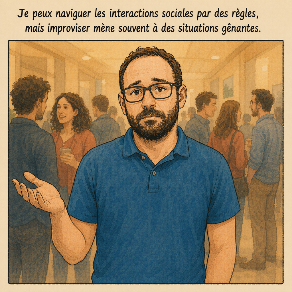 Raphaël seul dans le couloir, une main levée avec impuissance.