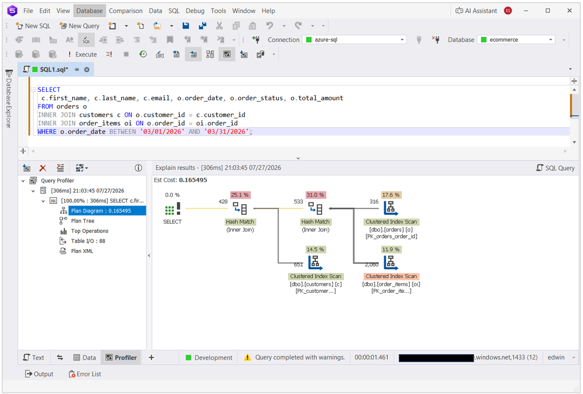 Visual execution plan diagram highlighting scans and joins