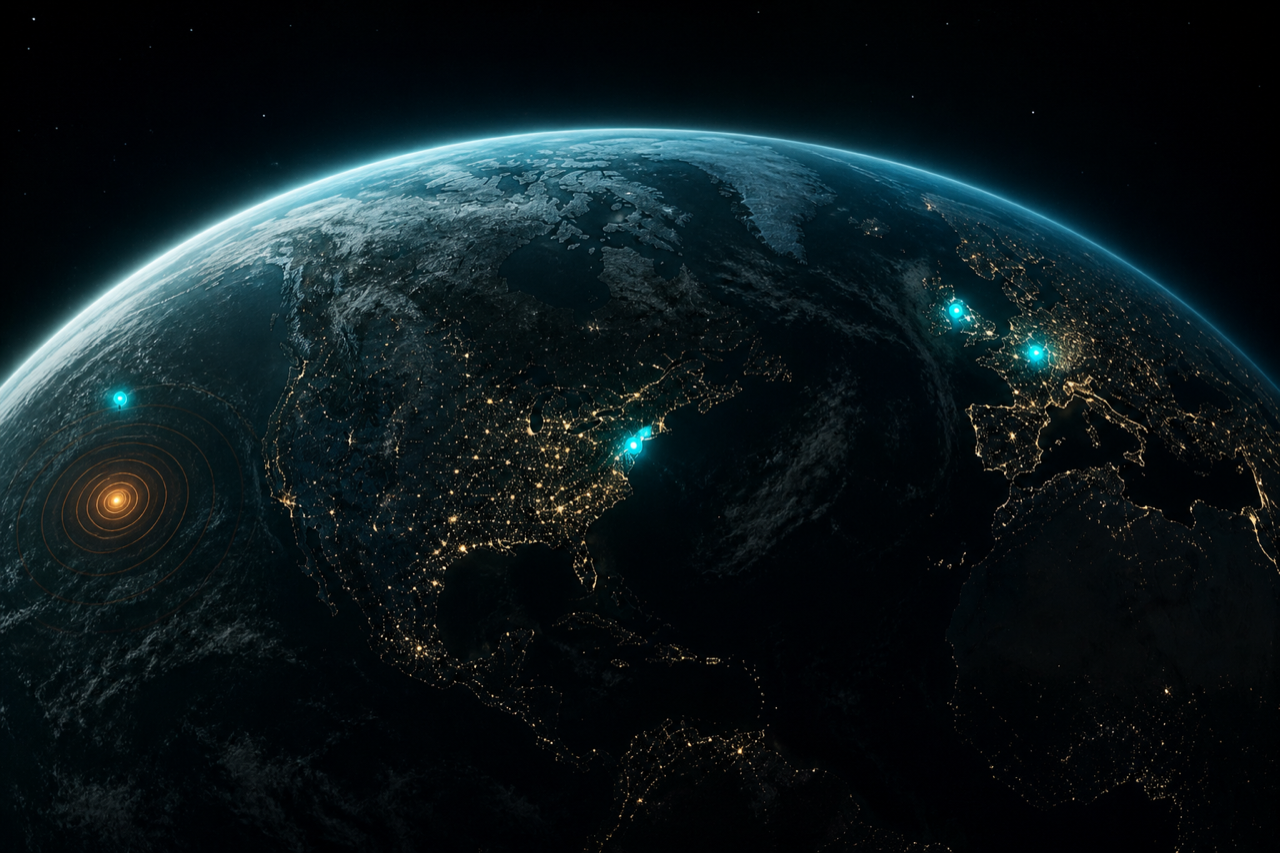 ATLAS — planetary glass over a live sensor mesh