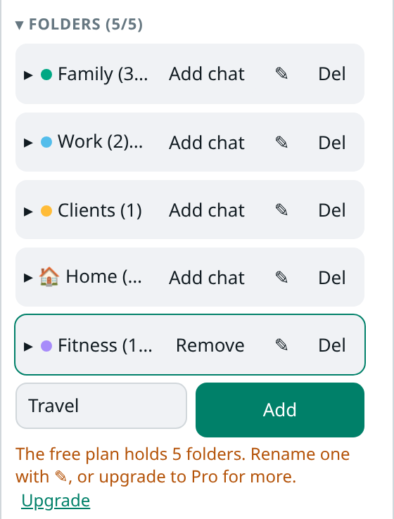 Folders section at 5 of 5 with a sixth folder name typed in, and the message "The free plan holds 5 folders. Rename one with ✎, or upgrade to Pro for more." with an Upgrade link