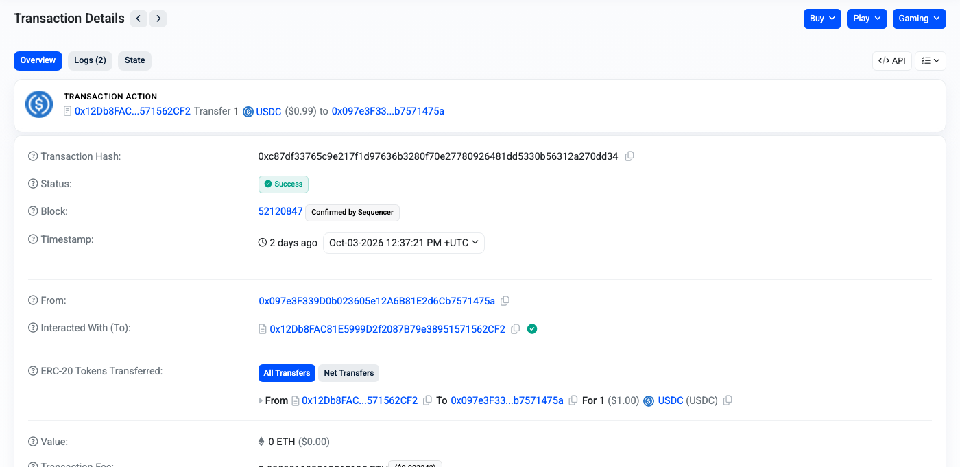 BaseScan: settleChannel for quickfactor, 1 USDC from the escrow back to the buyer.