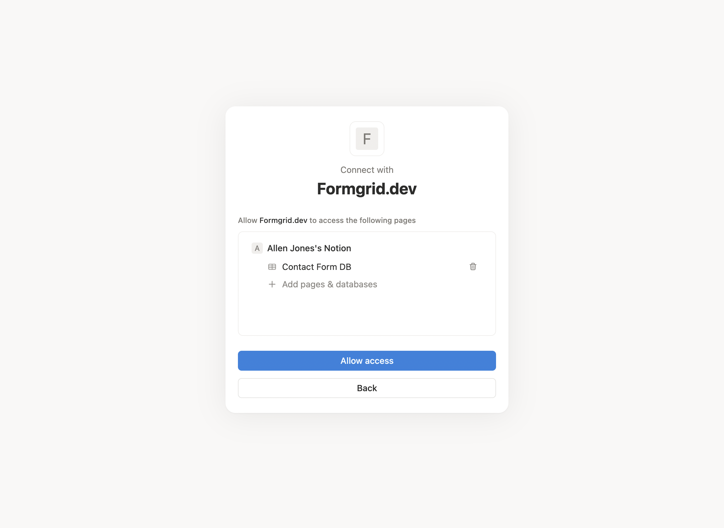 Screenshot: Formgrid database picker dropdown showing available Notion databases