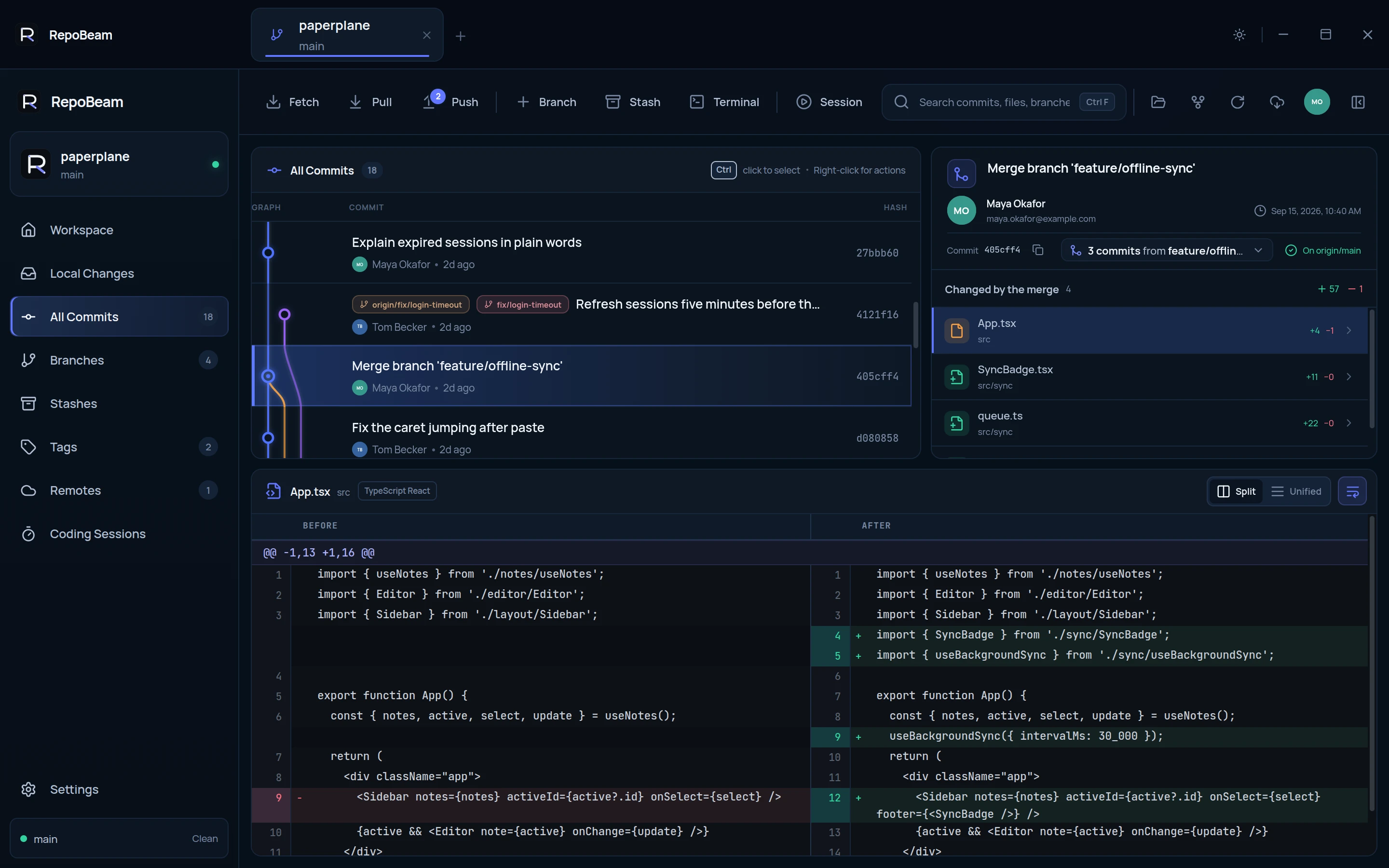 RepoBeam’s “Back to this commit” preview showing three safe restore options: restore as unstaged changes, restore staged, or create a restore commit while keeping published history intact.