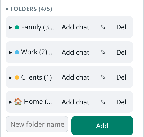 The Folders section of the WA Folders panel: Family, Work, Clients and Home folders, each with an Add chat button, a pencil to rename and Del, and a New folder name box with an Add button