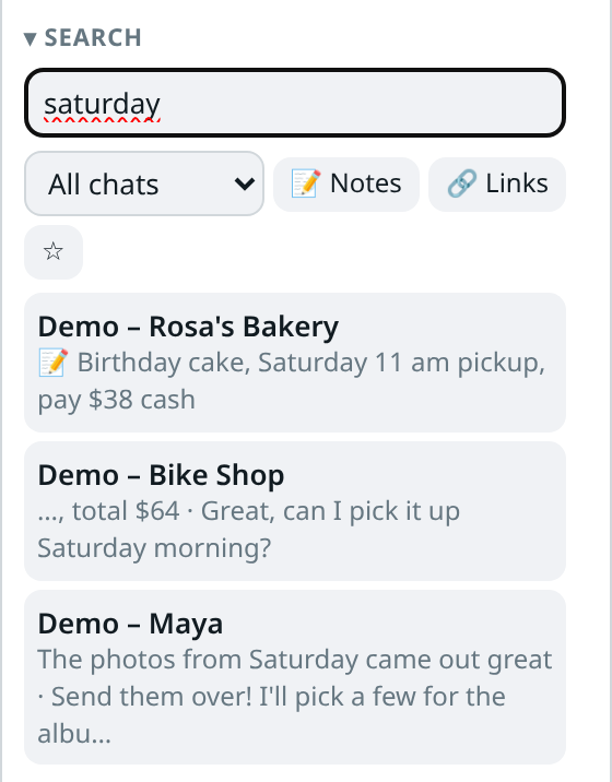 WA Folders search for "saturday" with three demo results: a bakery chat matched on a private note (📝 Birthday cake, Saturday 11 am pickup), a bike shop and a friend matched on message text