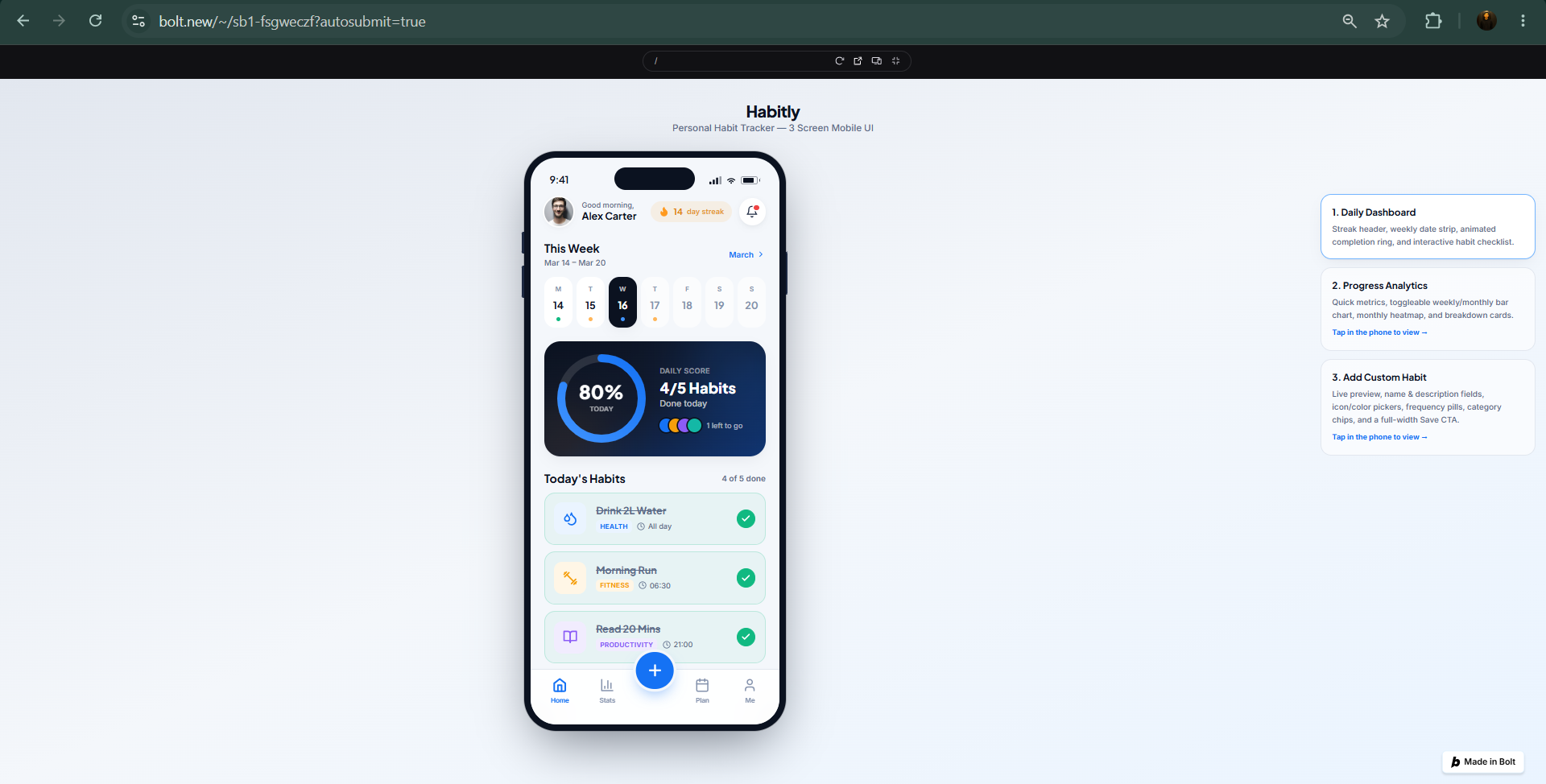 Bolt.new interface rendering a mobile mockup of 