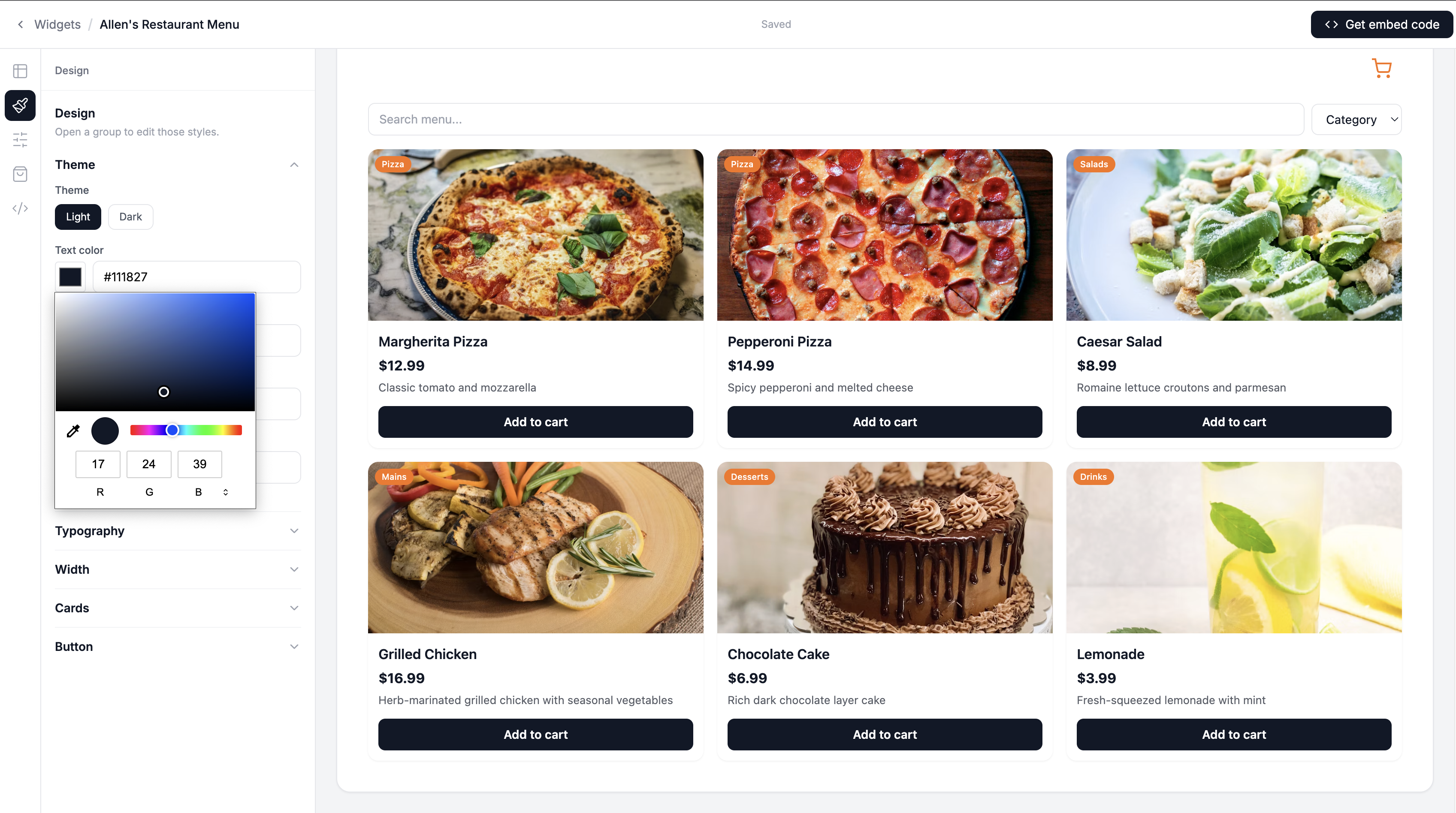 Second Screenshot of the Design tab with the color picker and column options visible