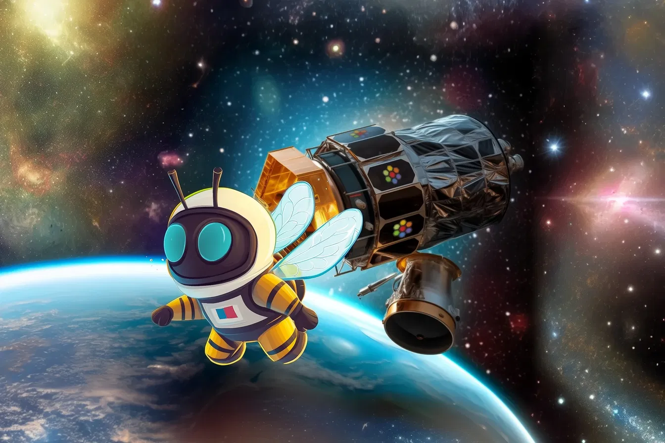 Midjourney v6.1 — abeille astronaute en orbite