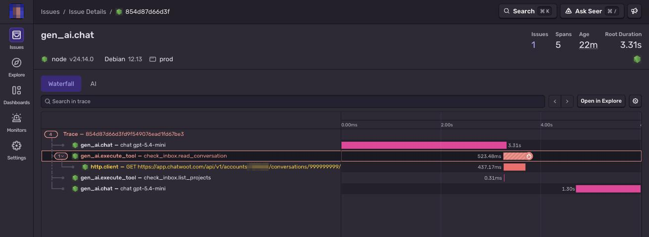 Sentry trace waterfall of one agent run: a model call, a tool call and the outbound HTTP request