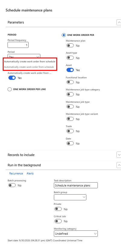 Schedule maintenance plans dialog with the tooltip showing Automatically create work order from schedule