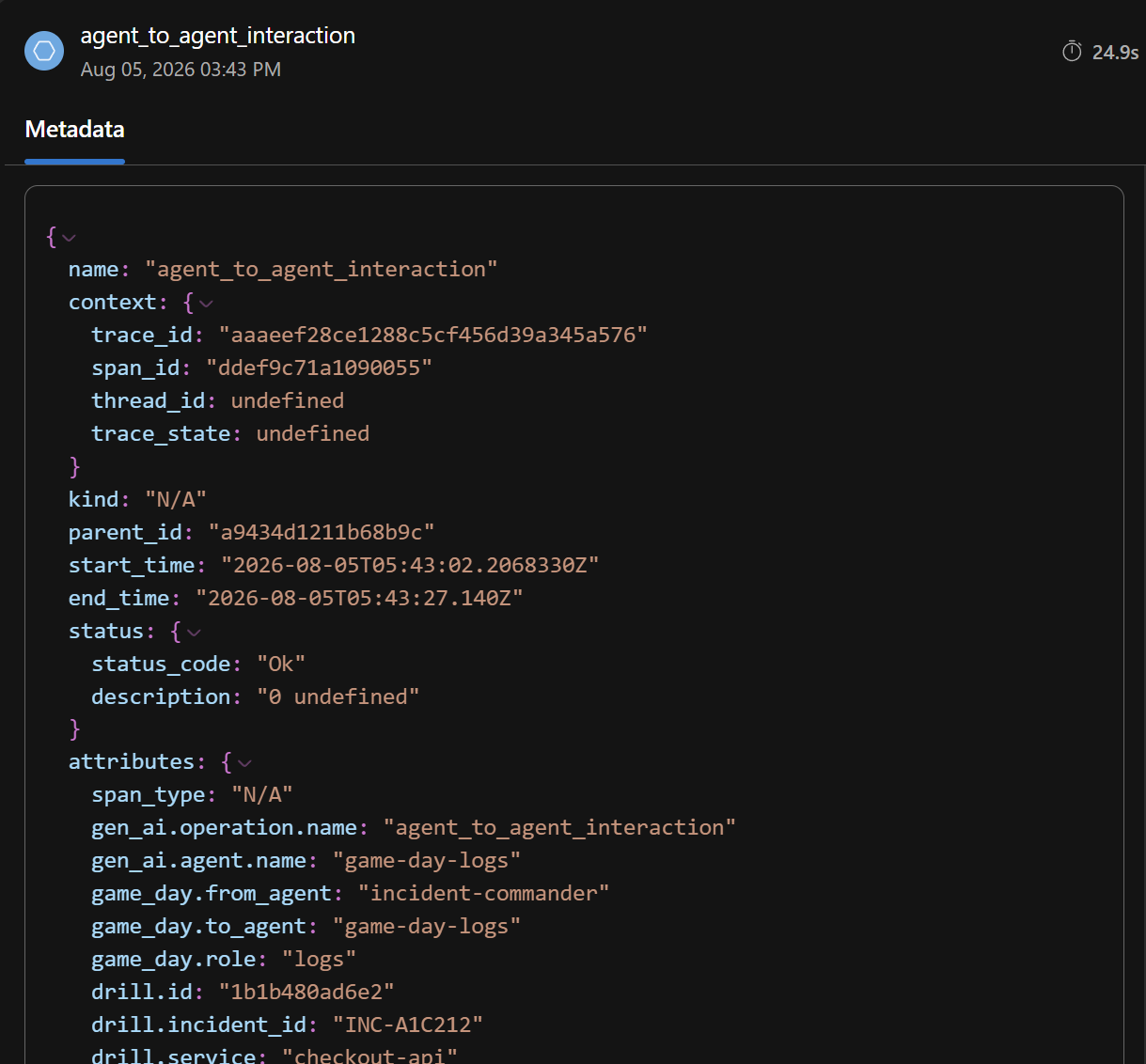 Span metadata for the game_day_logs span in the Foundry portal. It carries its own span_id but the same trace_id as the root drill span, which is what keeps the whole drill in one trace.