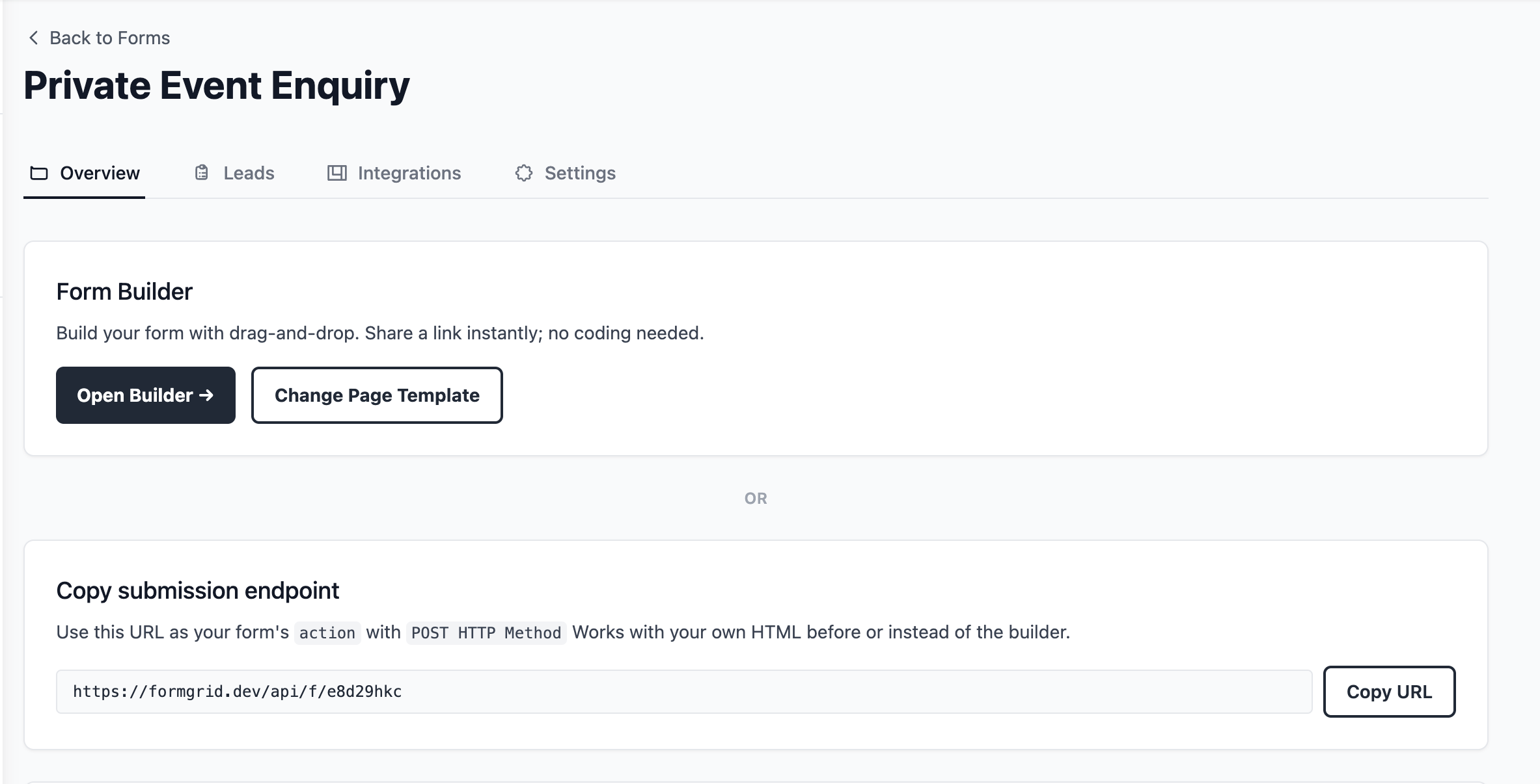 Form details page showing 2 options: Nocode builder and Form endpoint