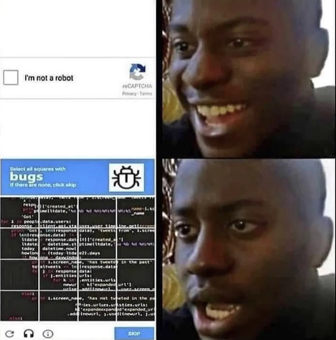 Two-panel reaction meme. Top panel shows a person smiling confidently next to a checkbox reading "I'm not a robot," standard reCAPTCHA style. Bottom panel shows the same person looking confused, next to a CAPTCHA prompt reading "Select all squares with bugs," overlaid on a grid of Python code.