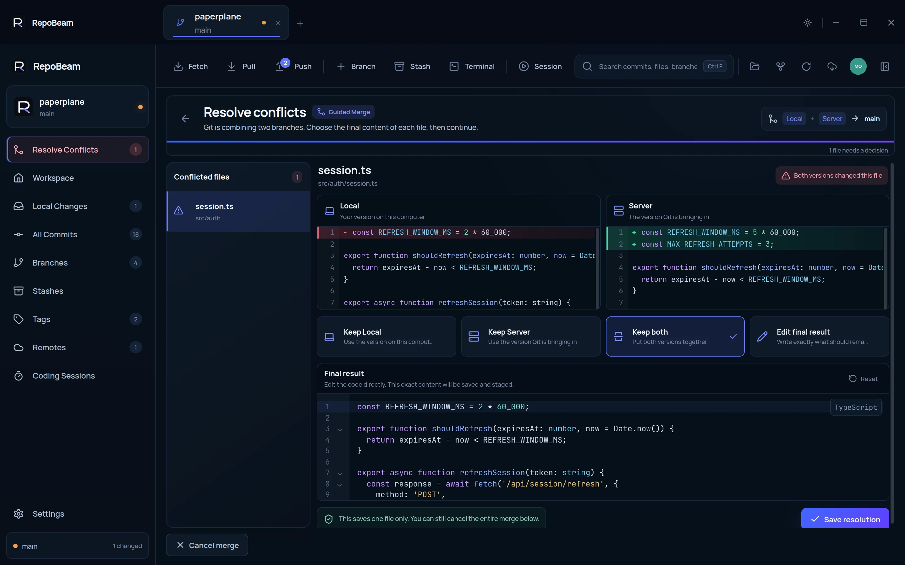 RepoBeam’s guided conflict resolver showing Local and Server versions side by side, with options to keep Local, keep Server, keep both, or manually edit the final result before continuing the merge.