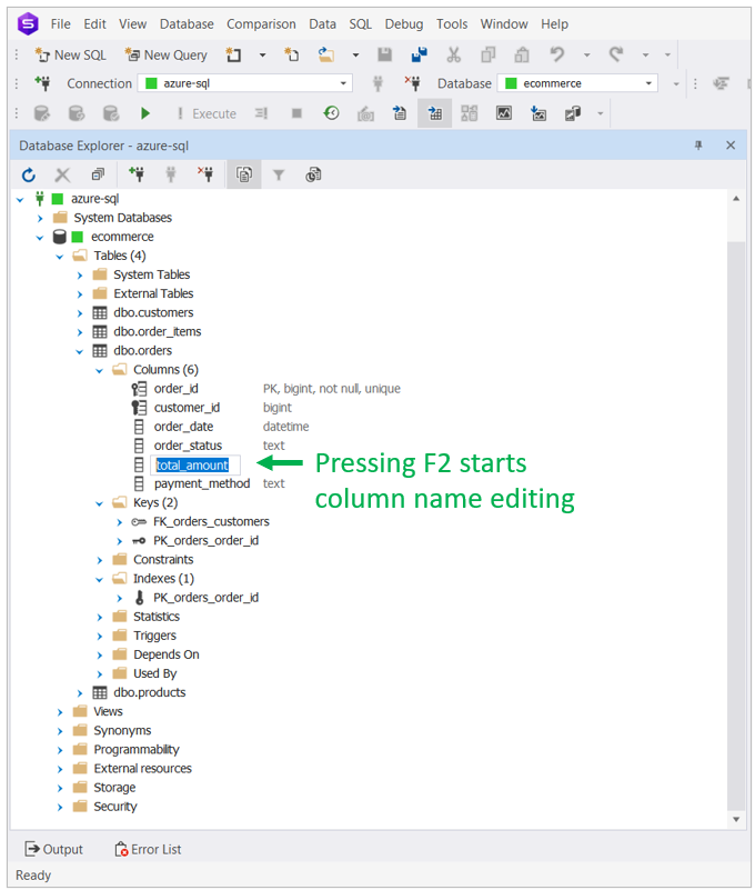 Renaming a table column inline by pressing F2