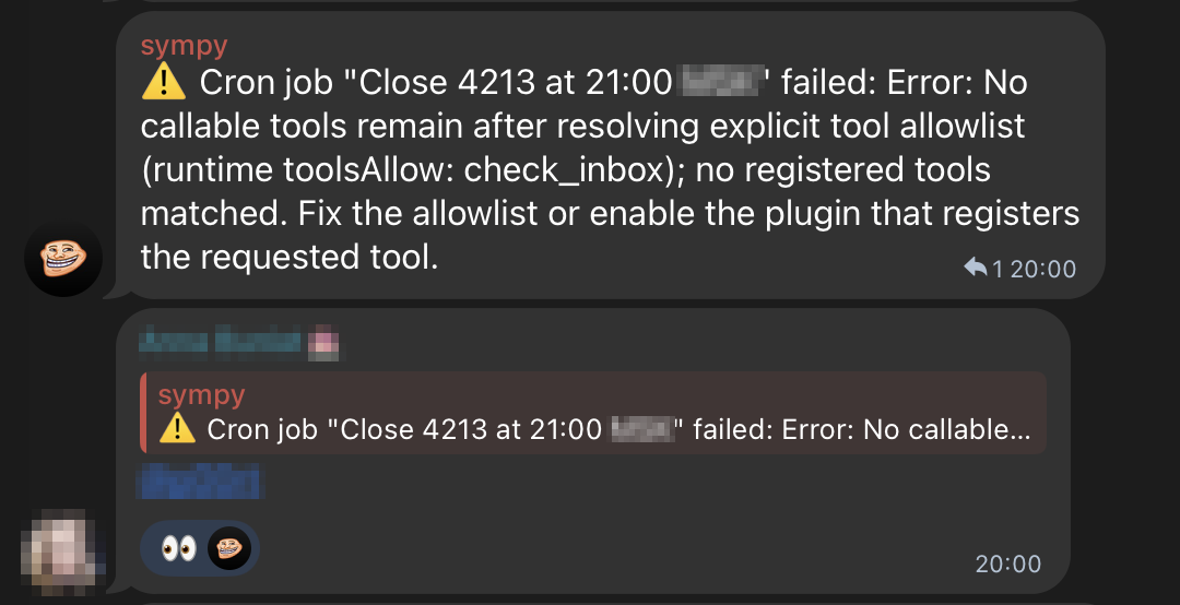 Telegram message from the bot reporting a failed cron job, with a doctor replying and tagging the CTO