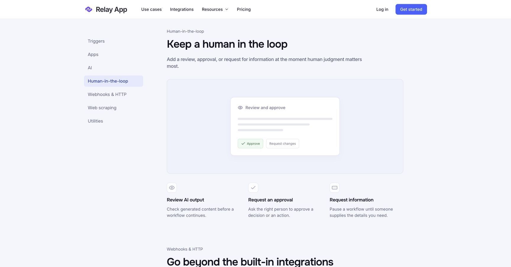 Relay App page explaining human review, approval and information requests