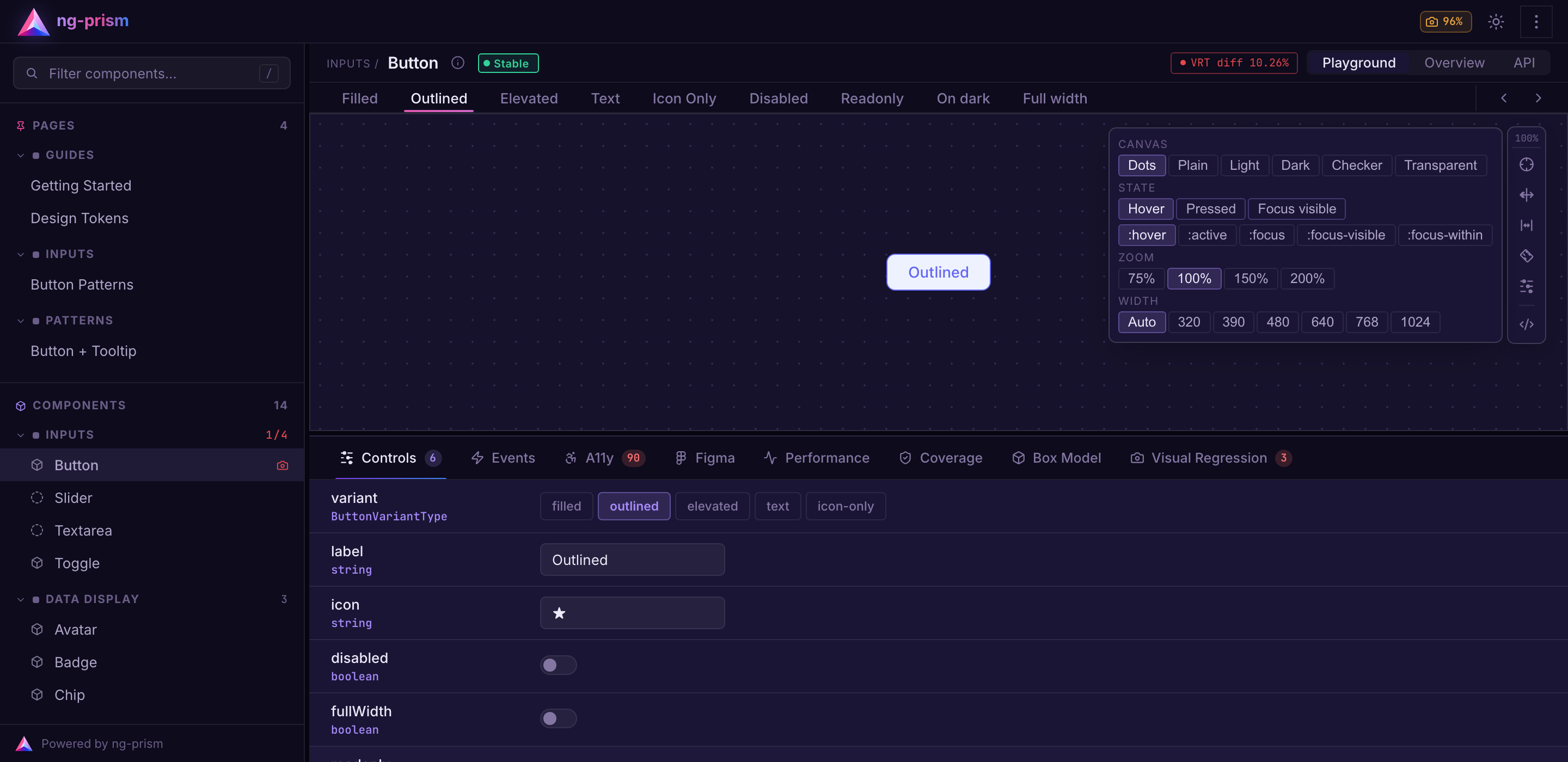 Playground with the Outlined button hovered. The tools menu is open and its State group shows the chips Hover (active), Pressed and Focus visible above the single pseudo-class toggles.
