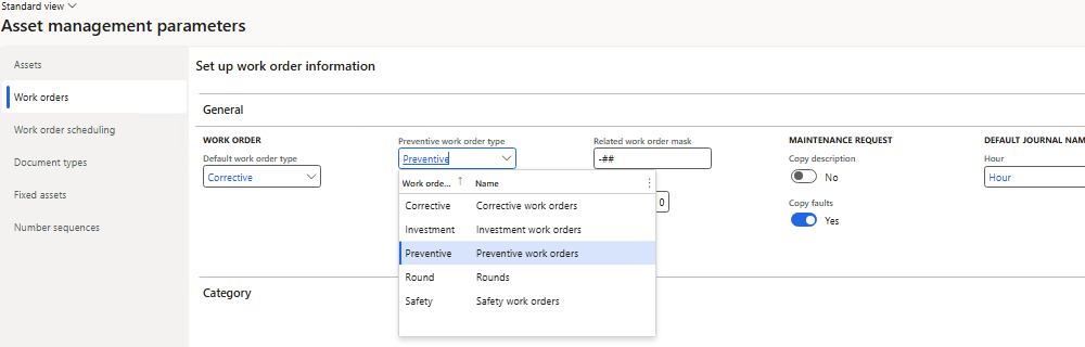 Asset management parameters showing the Preventive work order type set to Preventive