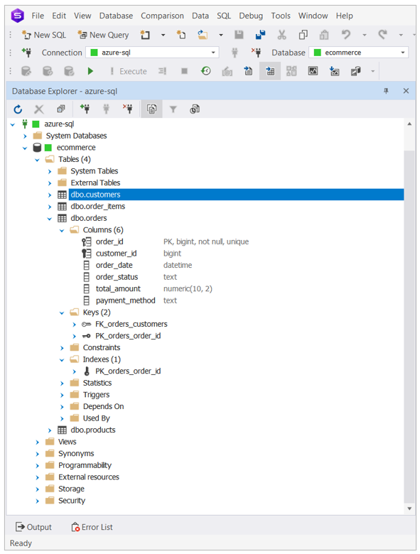 Object explorer and schema browser tree for an Azure SQL database