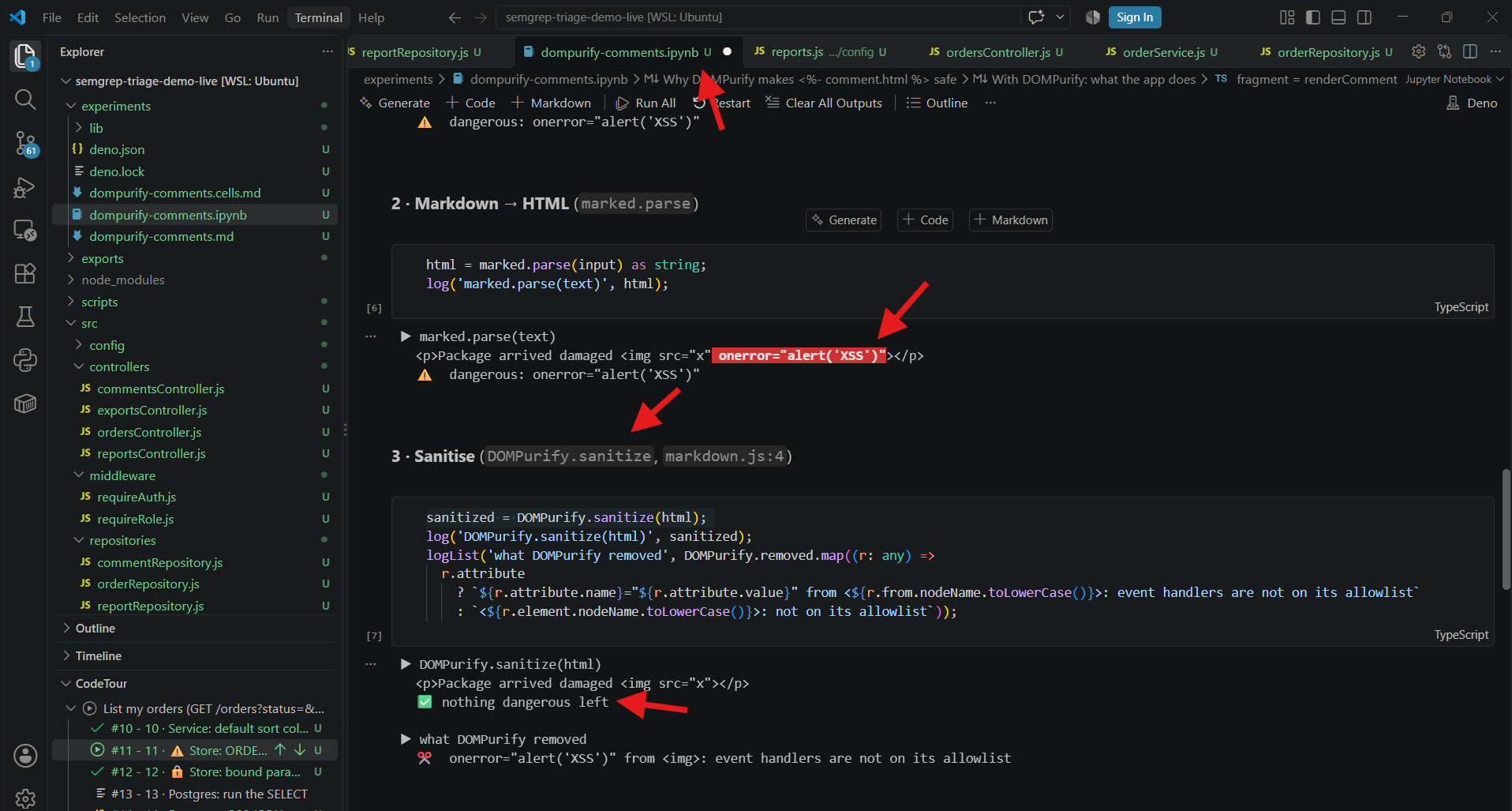 The DOMPurify experiment running in VS Code: the onerror handler is removed at the sanitize step.