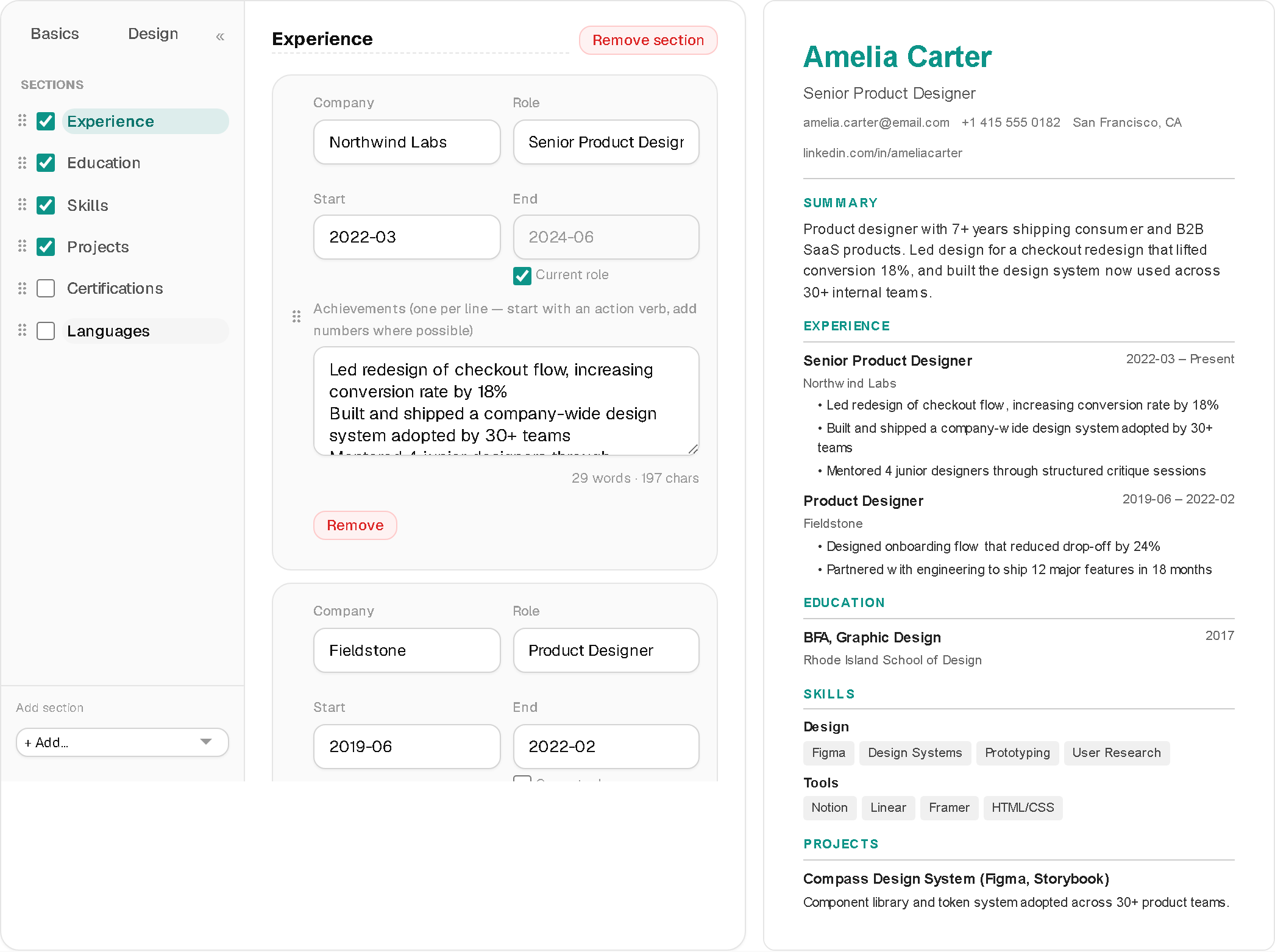 Live preview of the CV Builder as you type