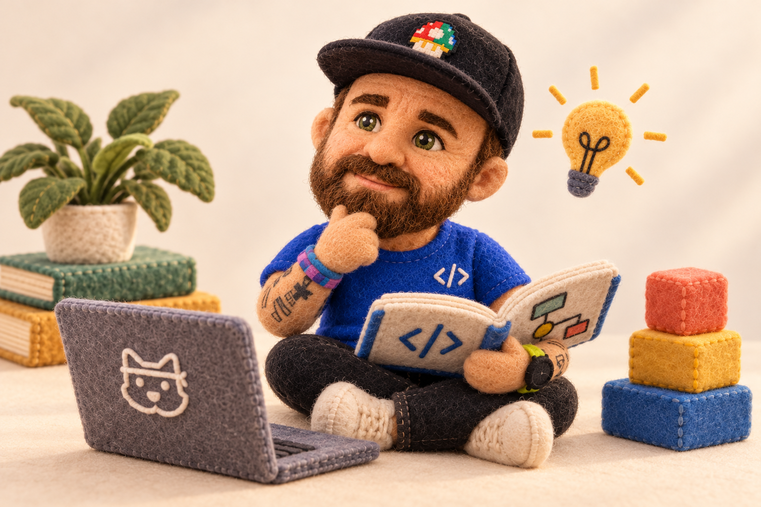 Plush Emanuele learning from a book and experimenting with a laptop.