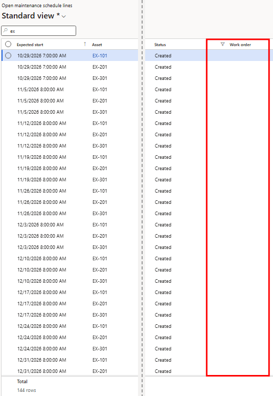 144 Extruder Line Weekly PM schedule lines at status Created with no work order numbers