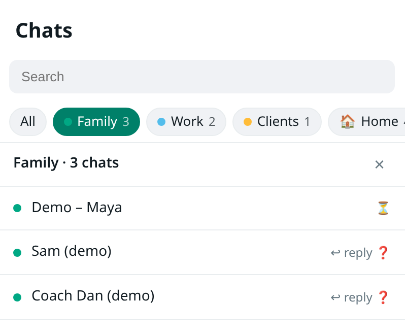 Folder tabs above the chat list with the Family tab open: "Family · 3 chats" listing three demo chats with reply, question and waiting markers