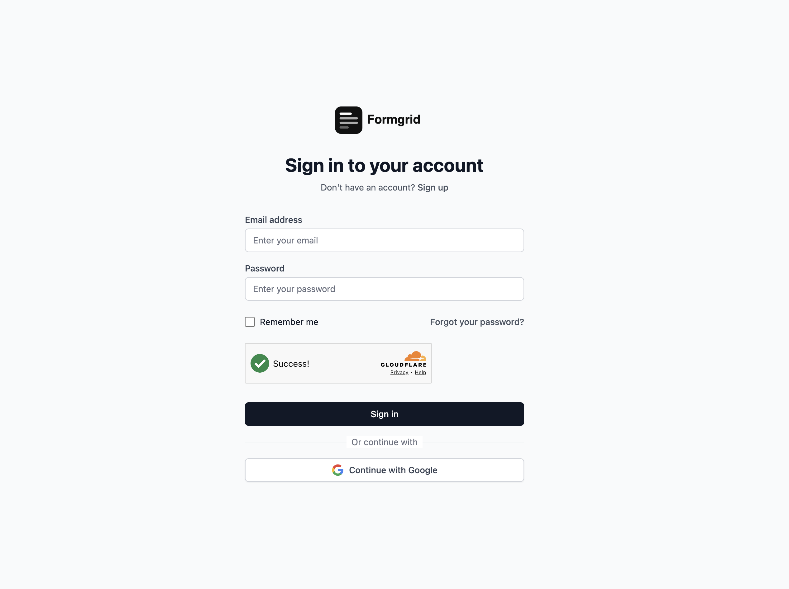 Screenshot: Formgrid signup page