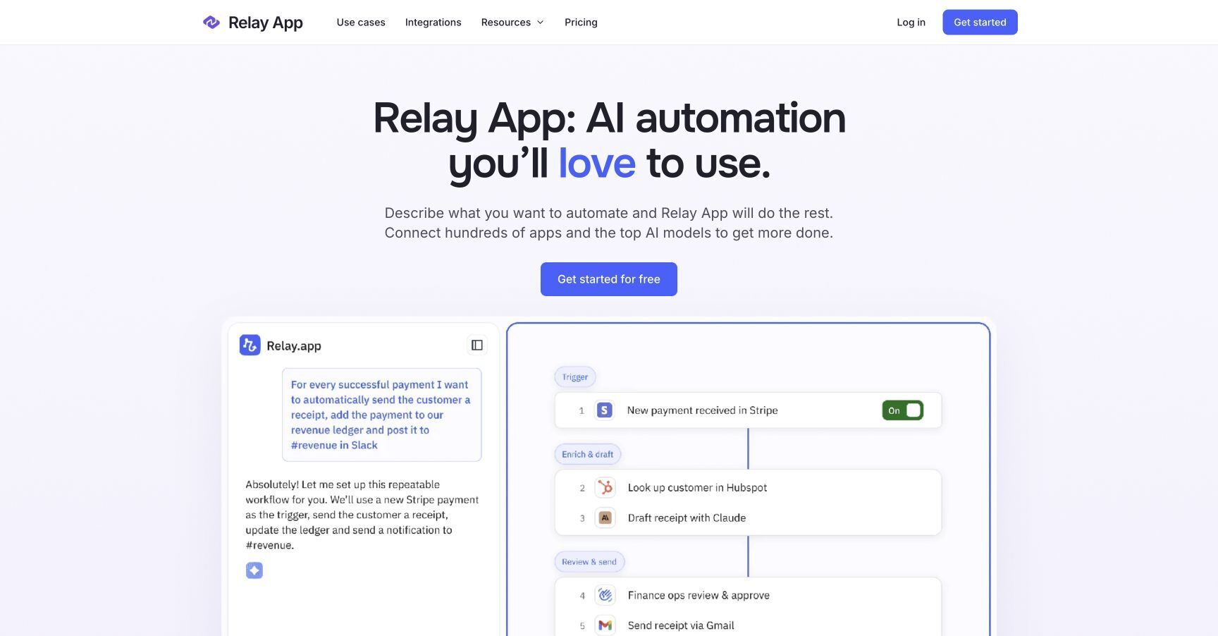 Relay App public homepage; illustrated workflow, not a tested run