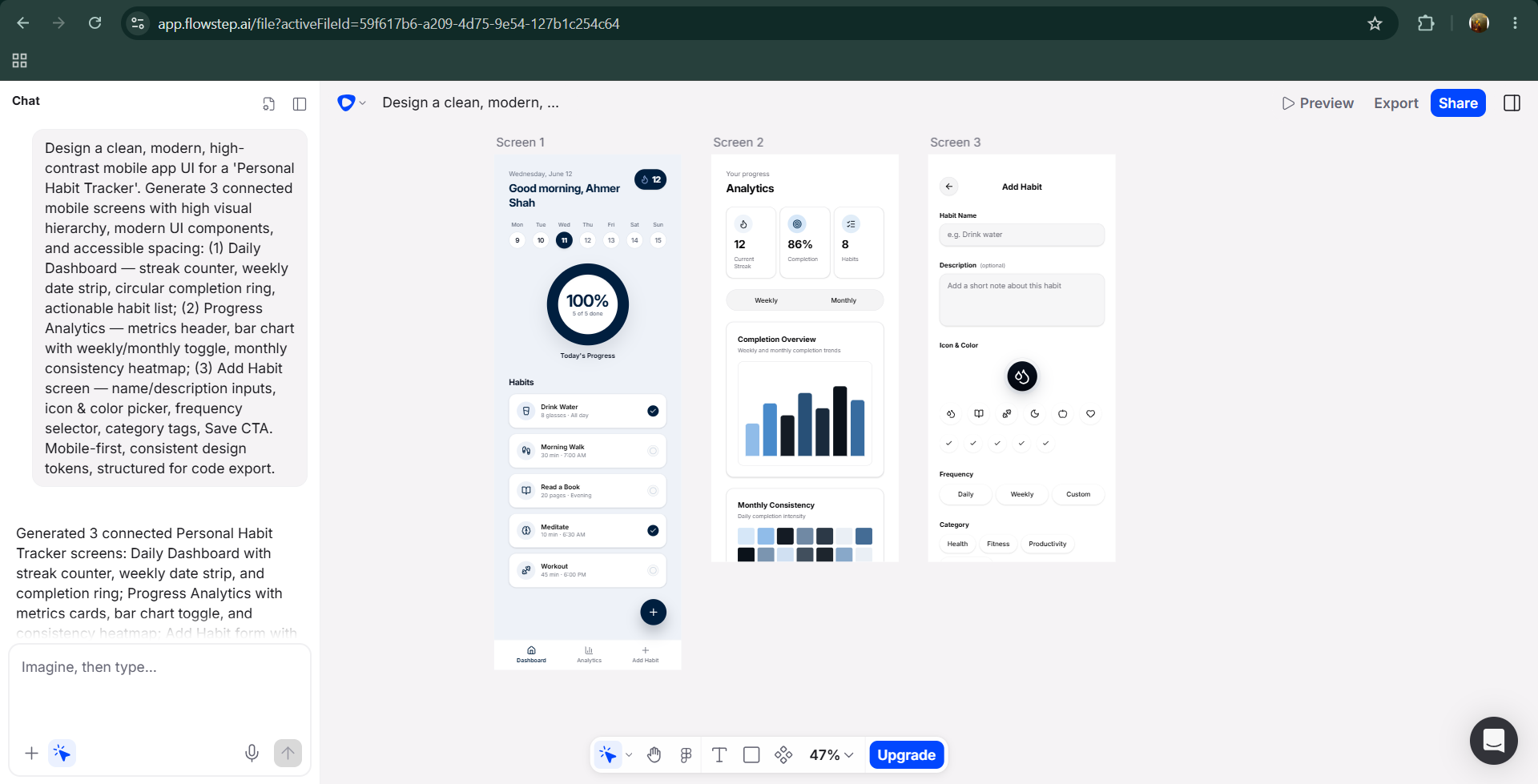 Flowstep AI tool showing three mobile app screens for a personal habit tracker: Daily Dashboard, Progress Analytics, and Add Habit form.