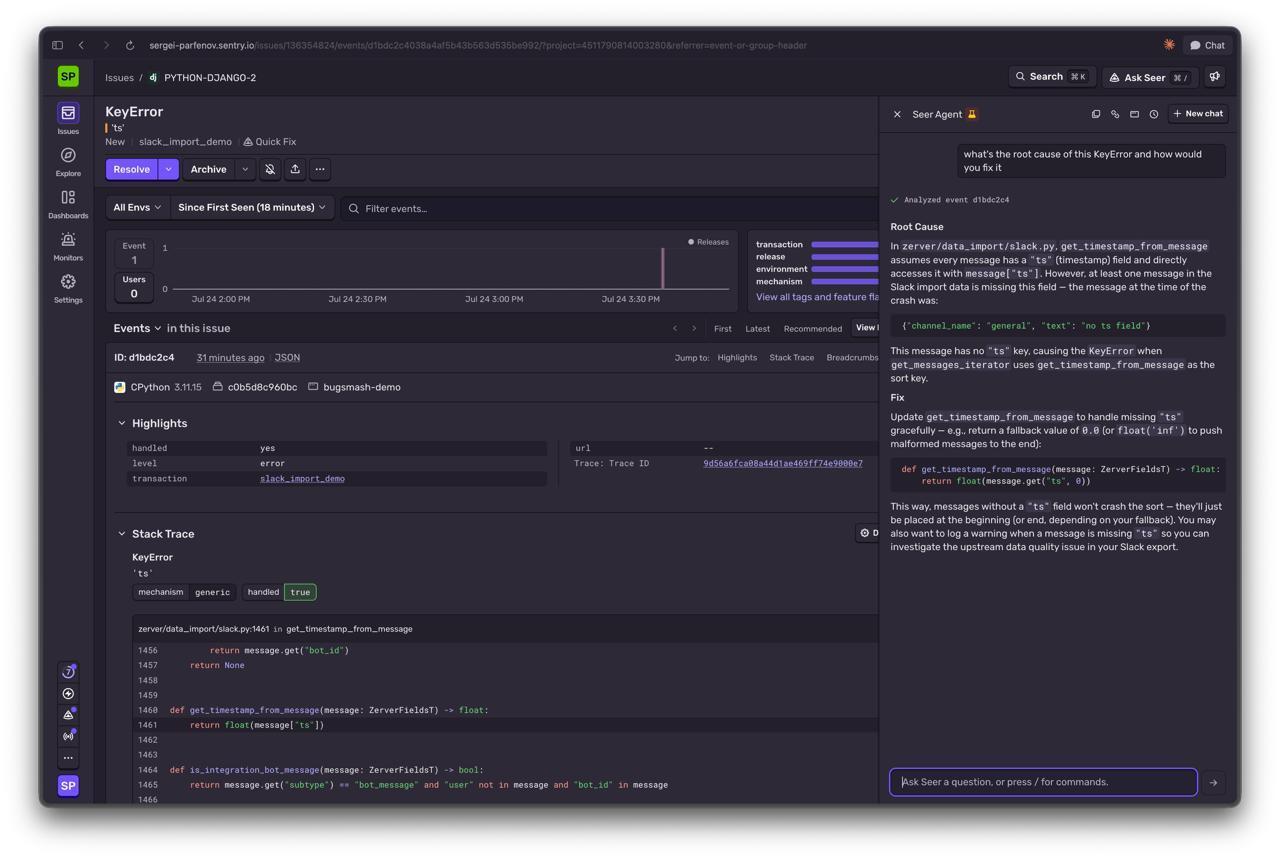 Seer agent root cause and suggested fix for the KeyError issue