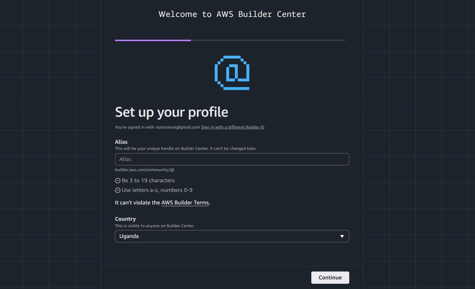 Setting up profile alias and location in AWS Builder Center