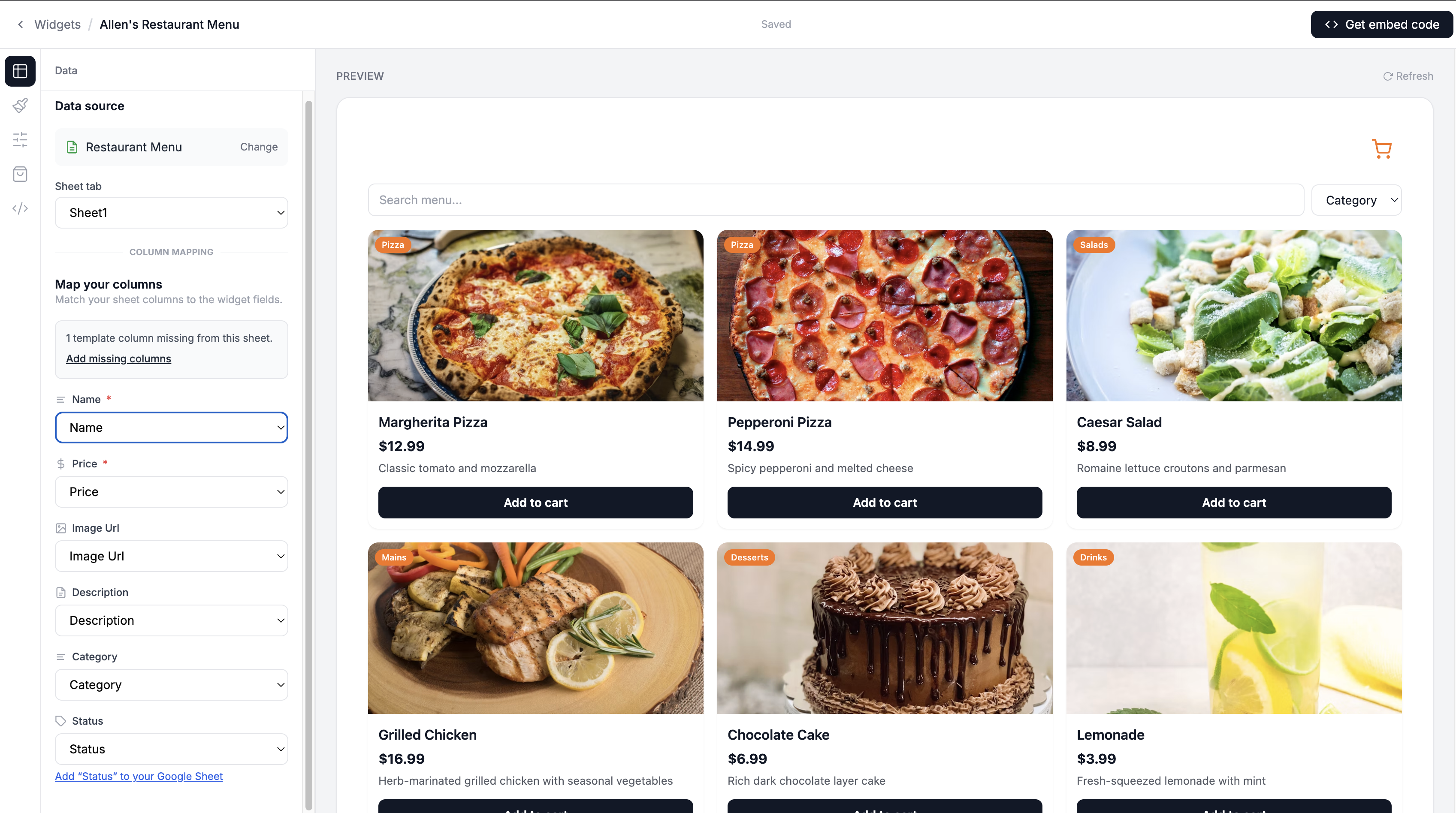 Screenshot of the widget builder with real menu items showing in the preview, including food photos