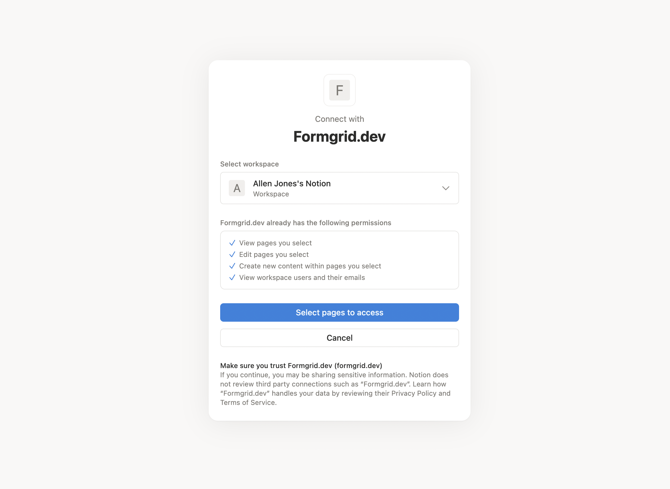Screenshot: Notion's official OAuth consent screen