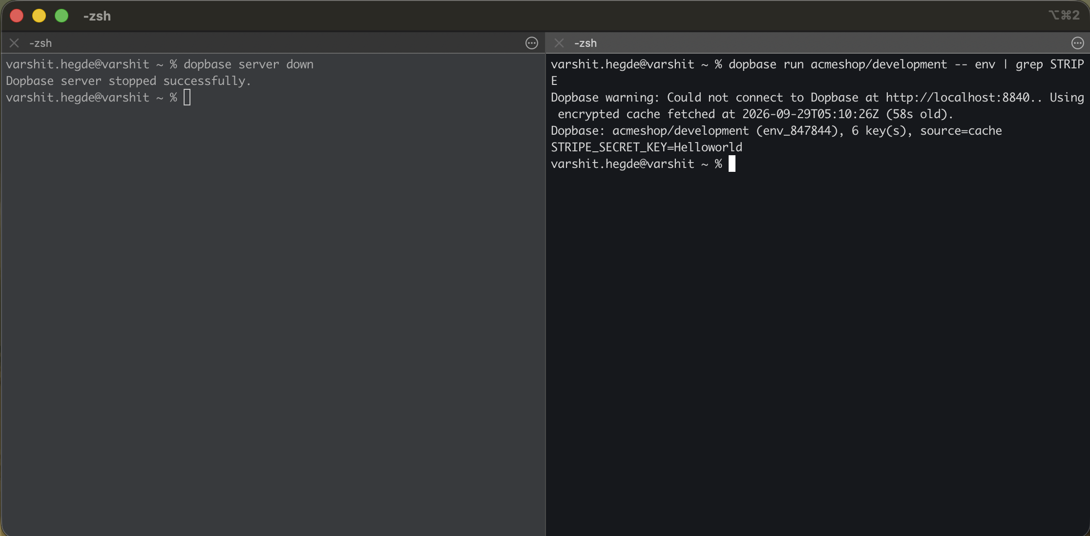 a split-screenshot or two side-by-side terminal shots, left: dopbase server down, right: dopbase run ... still succeeding