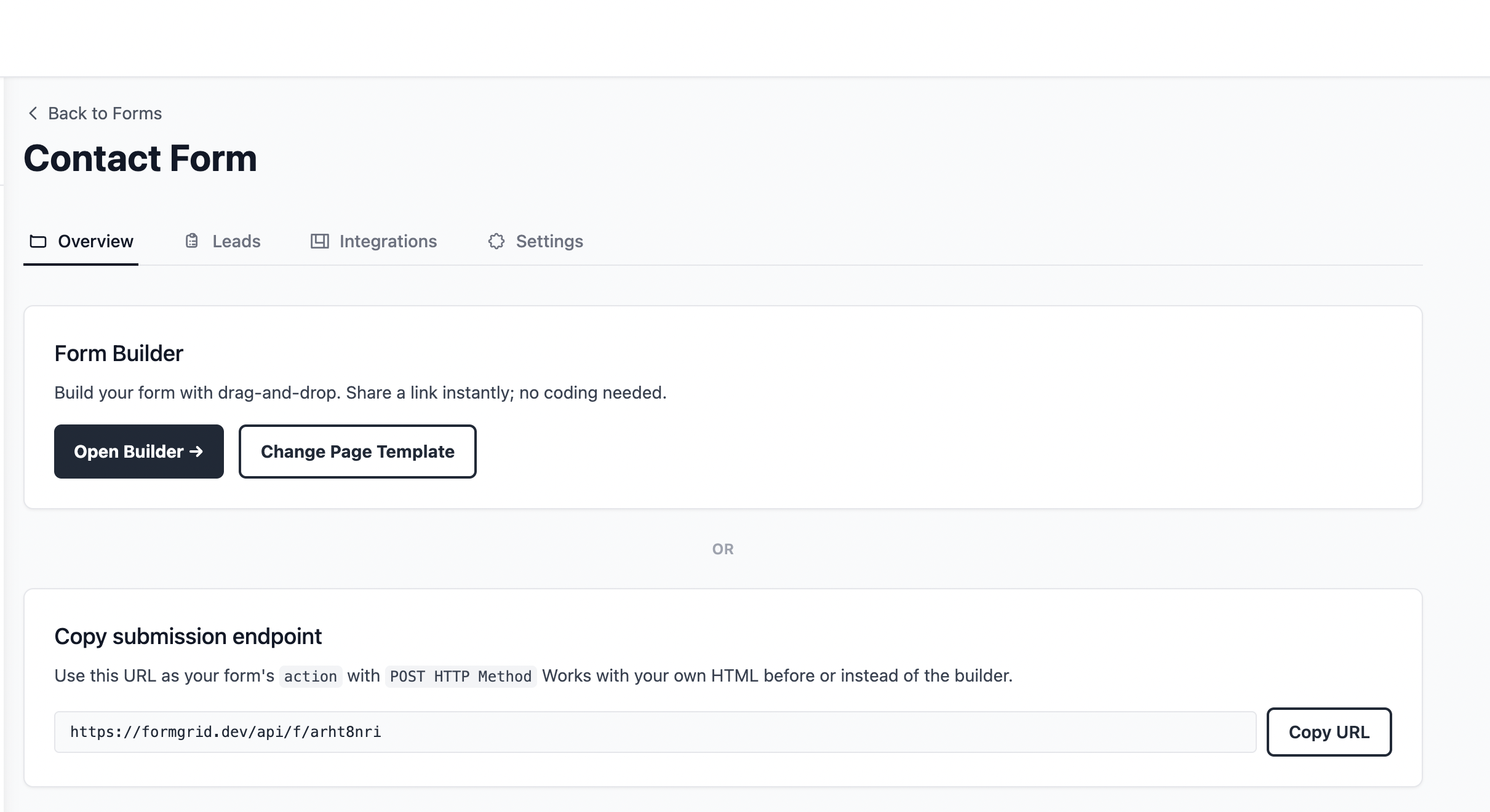 Screenshot: Formgrid form details page showing the overview tab