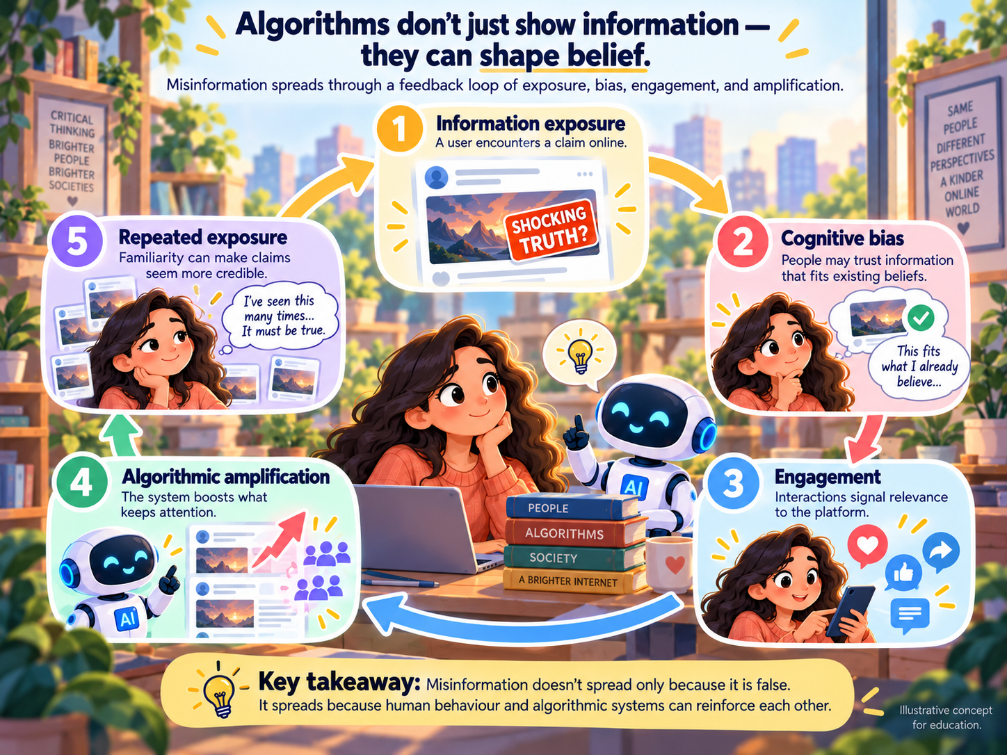 ![Circular misinformation feedback loop connecting information exposure, cognitive bias, engagement, algorithmic amplification, and repeated exposure.