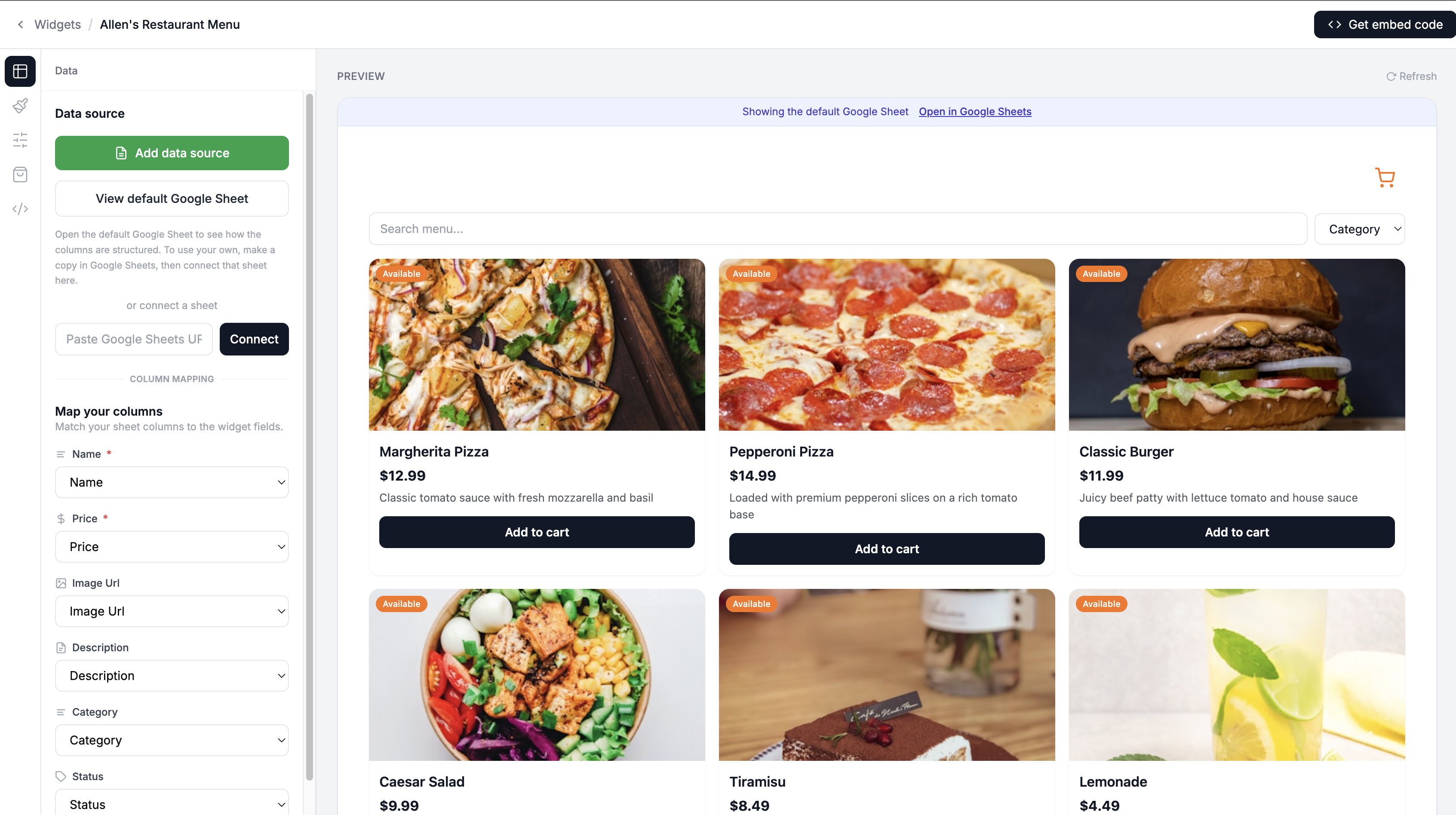 Screenshot of the widget builder with sample data showing in the preview panel