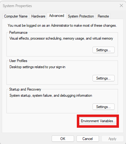 Environment Variables dialog open