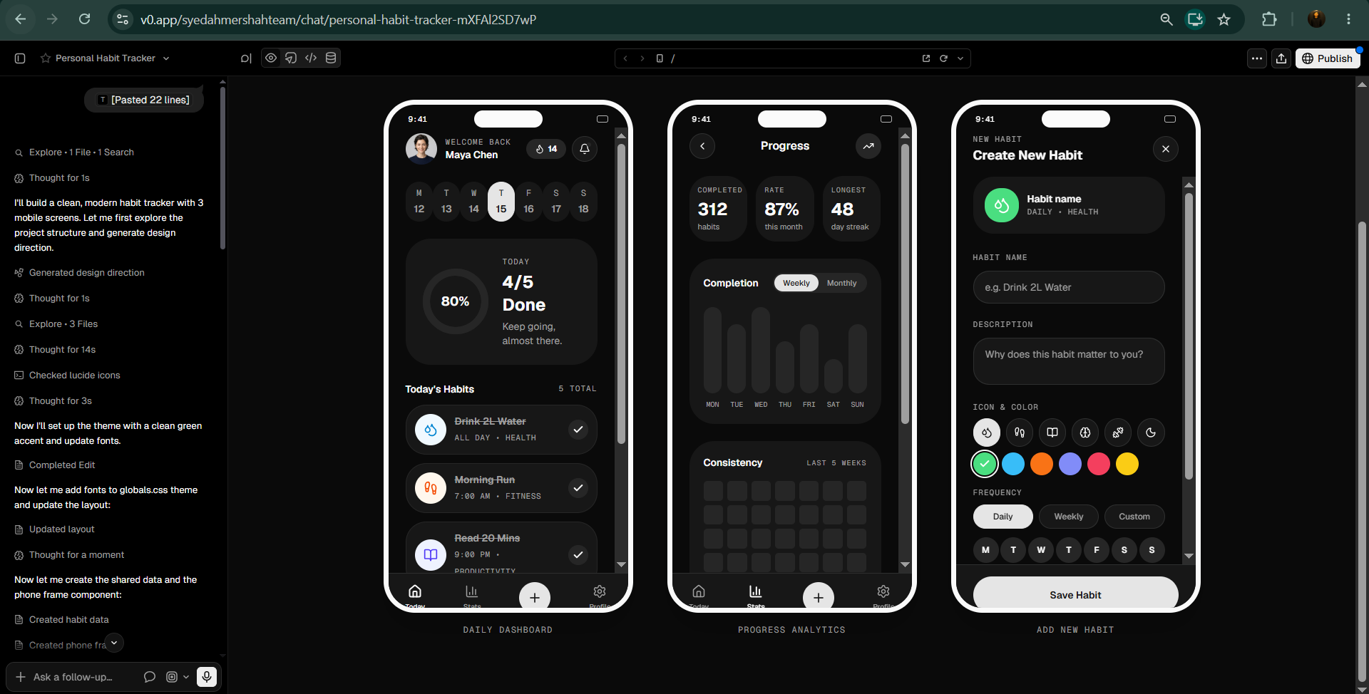 v0 by Vercel editor showcasing three dark-themed mobile screens: Daily Dashboard, Progress Analytics, and Create New Habit form.