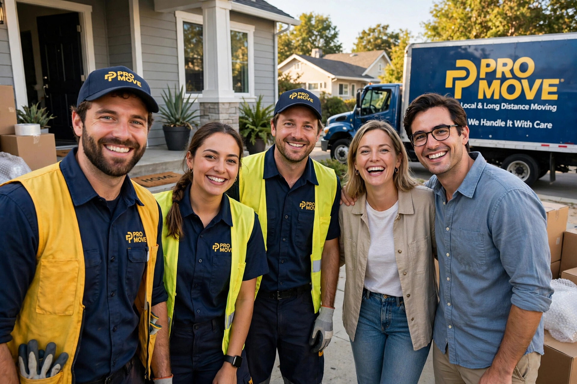 Friendly moving crew with happy customers outside their new home