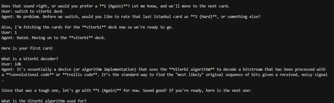 Screenshot: Terminal tutor answering a flashcard