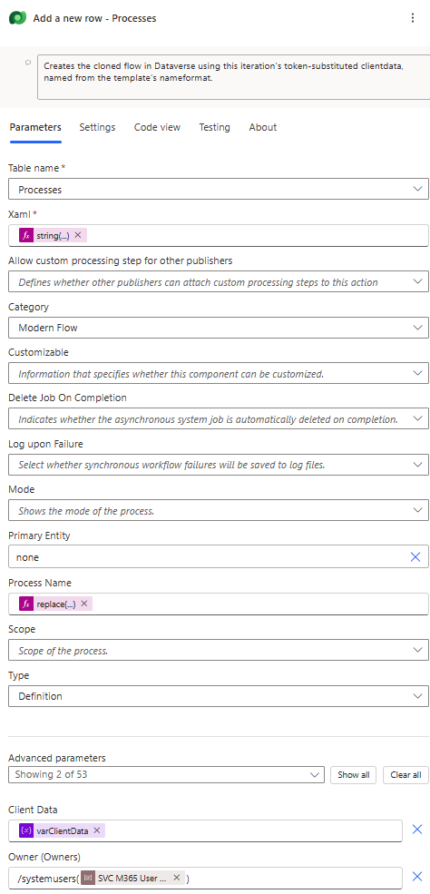 Screenshot: Add a new row action, creating the cloned workflow in Dataverse