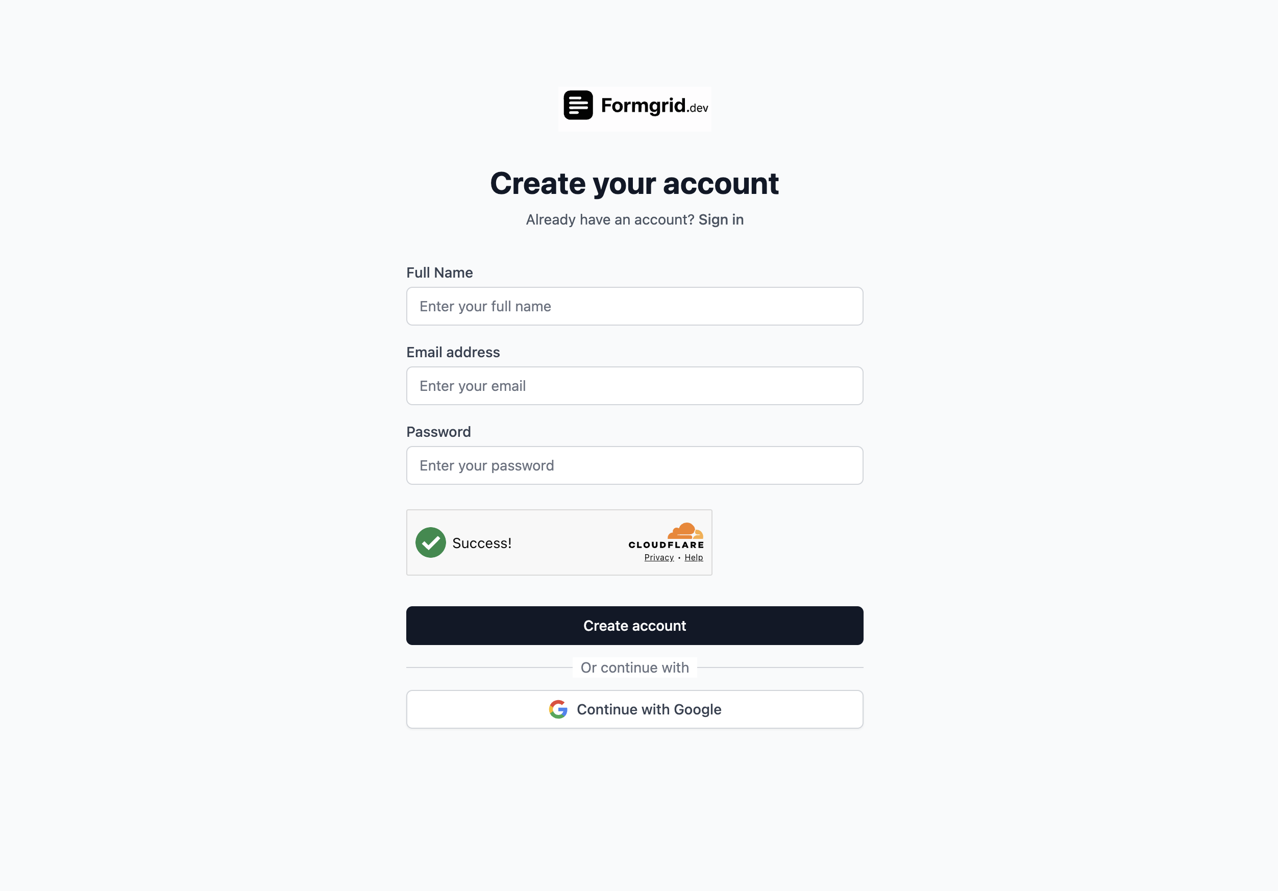 Formgrid signup page